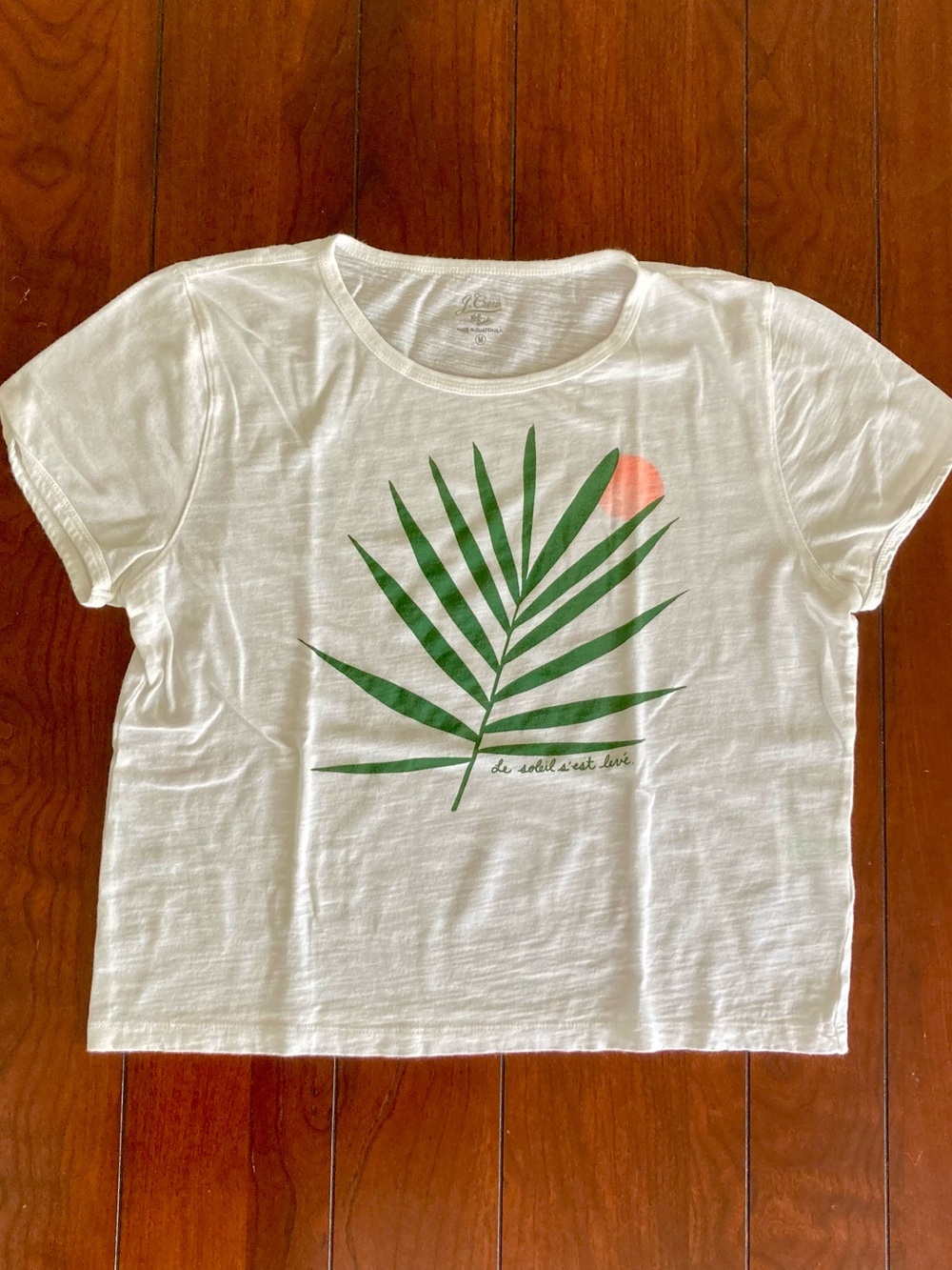 J. Crew Cotton White Tee with Green Palm and Pink Sun Sz M